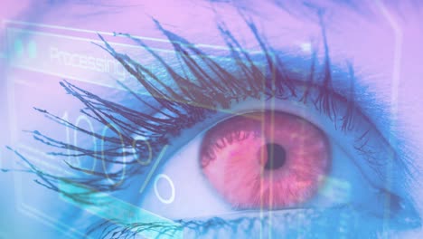 animation of caucasian female eye with business data processing on digital interface in foreground