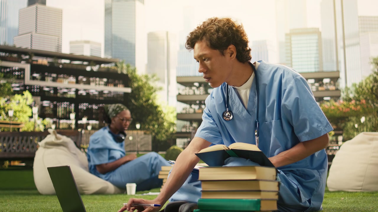 Studente di medicina che prende appunti da un libro di testo aperto accanto a un laptop