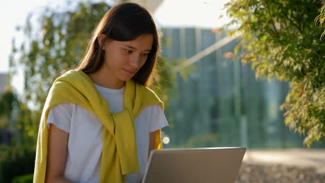 mujer trabajando en una computadora portátil al aire libre