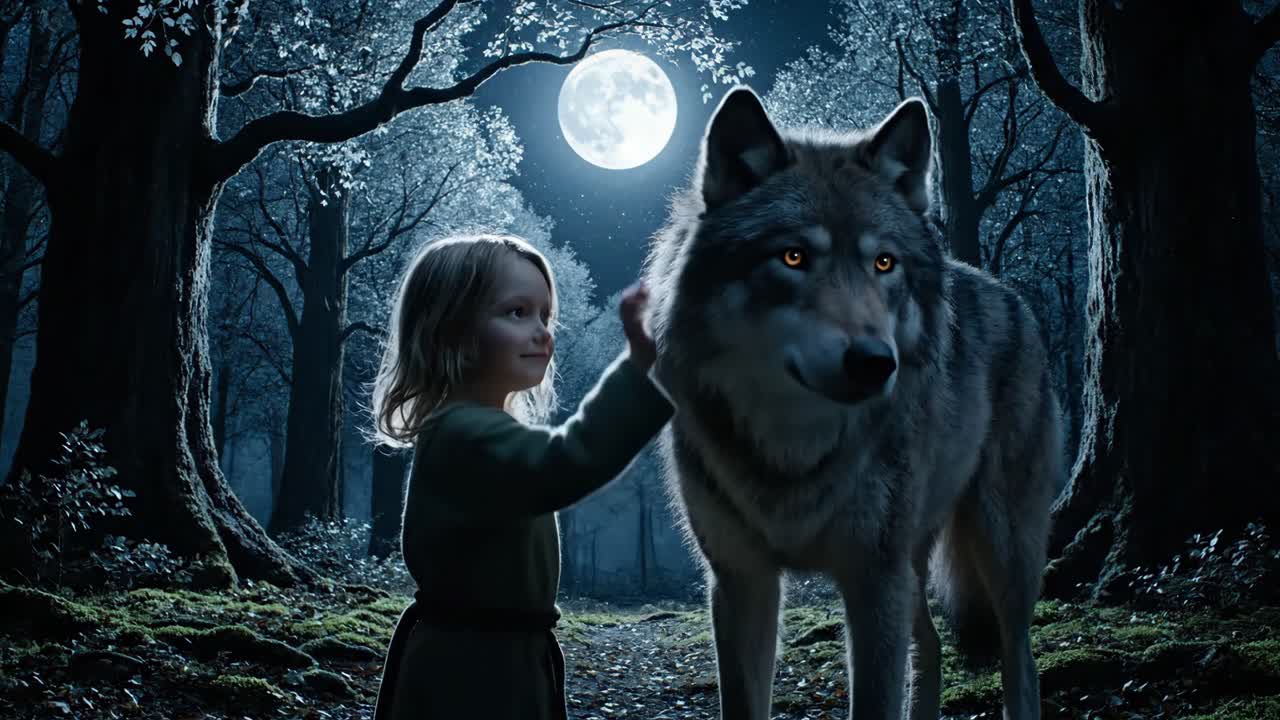 Girl and Wolf in a Moonlit Forest