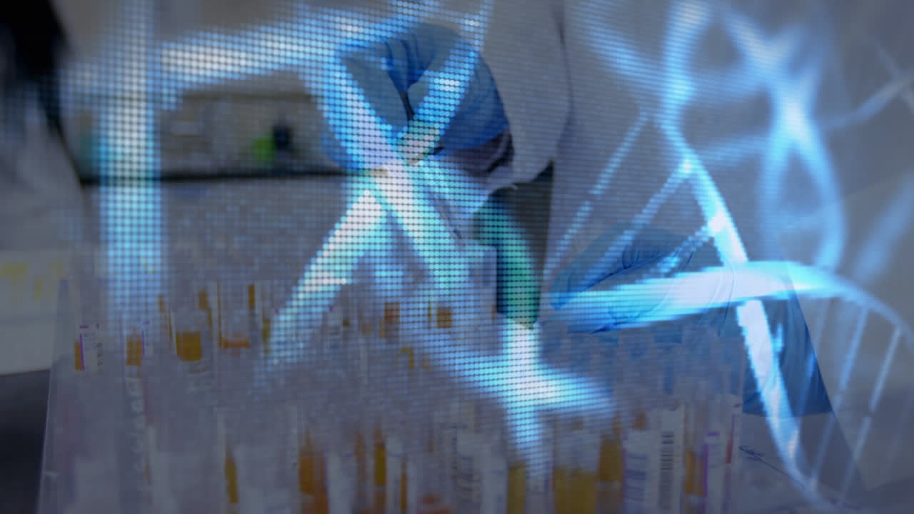 실험실에서 일하는 과학자에 대해 dna 구조가 회전합니다.