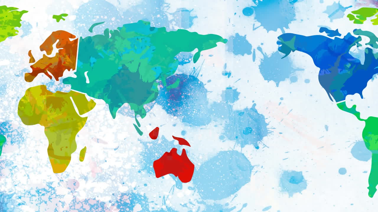 세계 지도 위 를 가리키는  ⁇  화살표 의 애니메이션