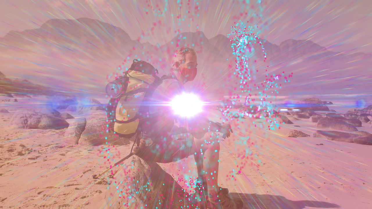 Mature hiker creating travel ad on beach, lens flare highlighting pink turquoise glitch particles