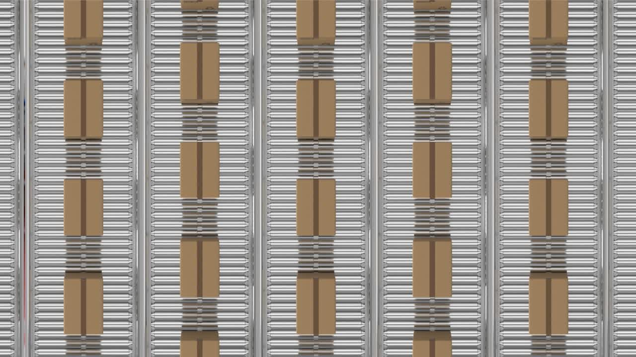 창고의 컨베이어 벨트에 있는 카드보드 상자의 애니메이션