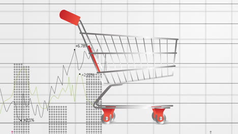 animation of statistics and financial data processing over empty shopping trolley