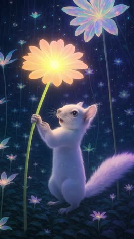 a whimsical video scene of a glowing squirrel in a magical forest, surrounded by luminous flowers