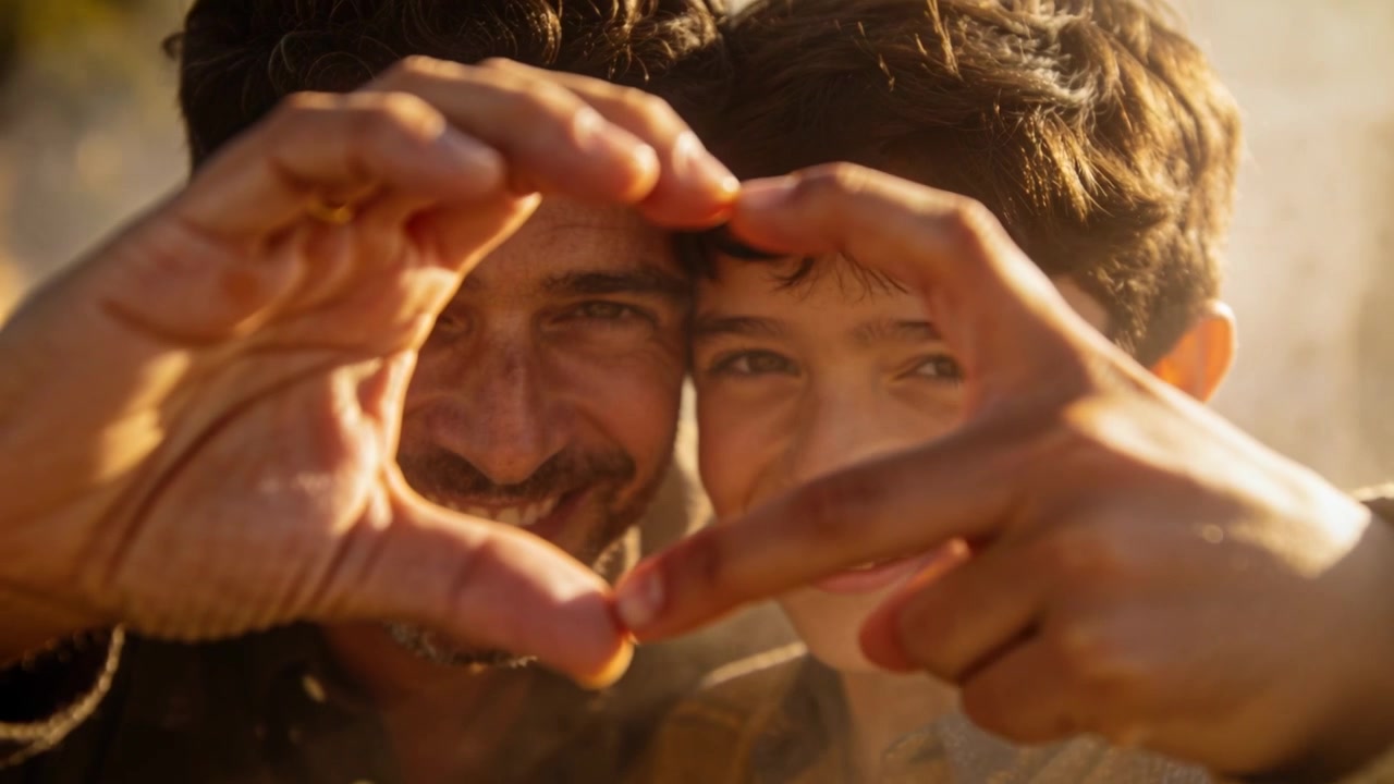 Encuadrando a padre e hijo levantando las manos hacia adentro, formando un corazón iluminado por el sol al aire libre, con camiseta oscura, mostrando amor.