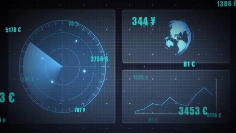 animación del procesamiento de datos y escaneo de alcance con símbolos monetarios en todo el mundo