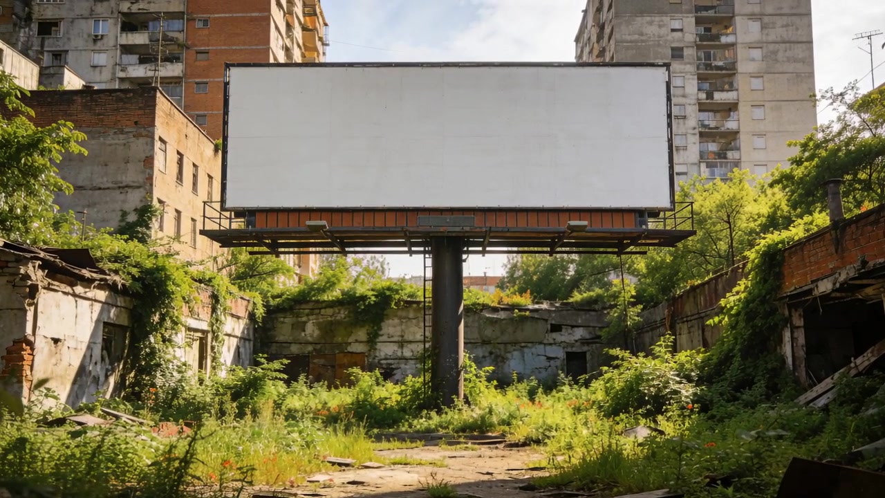 Et tomt billboardpanel, der forbliver centreret på en forladt gårdsplads, med en brise, der flytter små kviste.