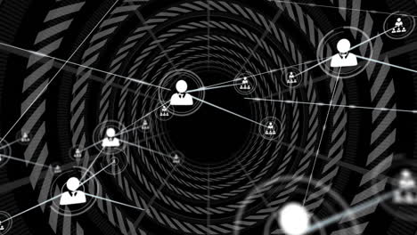 user icons connecting inside chevron tunnel, illustrating data network with glowing nodes