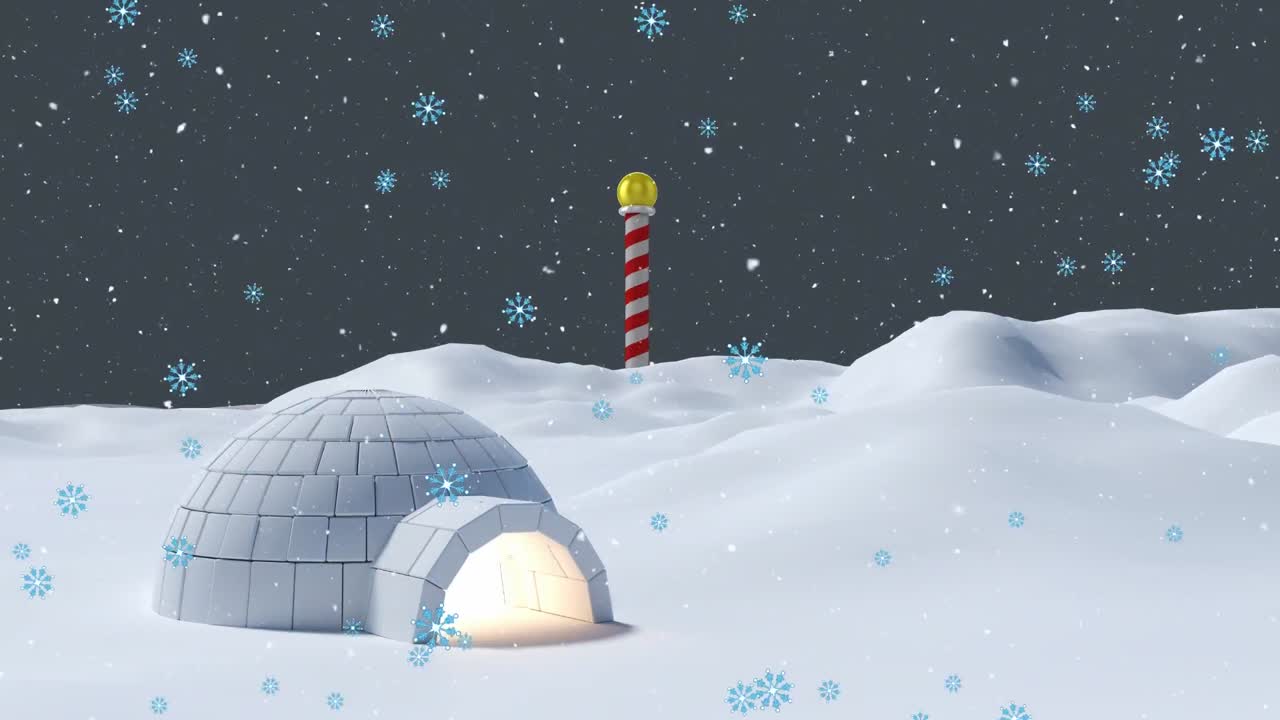 Animation of snow falling over igloo in winter landscape