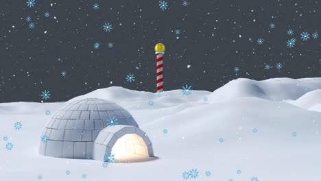 animation of snow falling over igloo in winter landscape