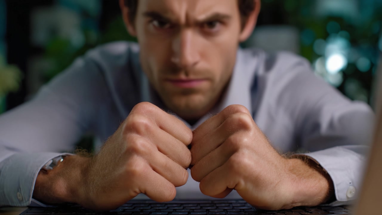 Intense Focus and Frustration: A Man's Expression During a Challenge at Work, Showcasing Determination and Stress in an Office Environment.