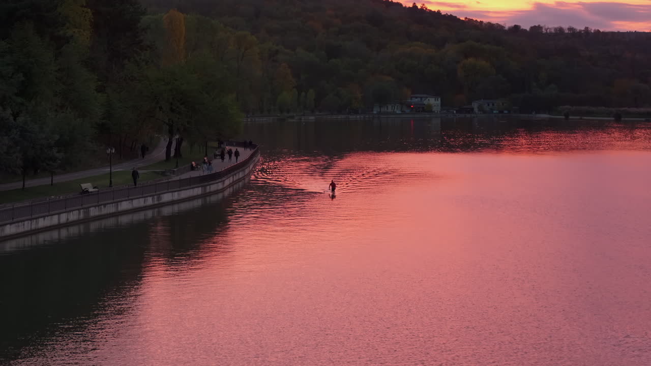 Aerial drone view of the Valea Morilor Park in Chisinau, Moldova, at sunset