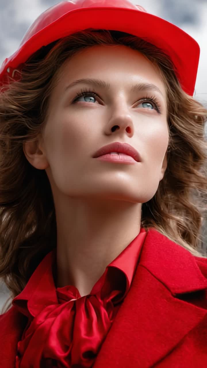 A striking portrait of a woman in a vibrant red outfit and hat, gazing upward with determination and confidence, embodying strength and elegance against a dramatic sky