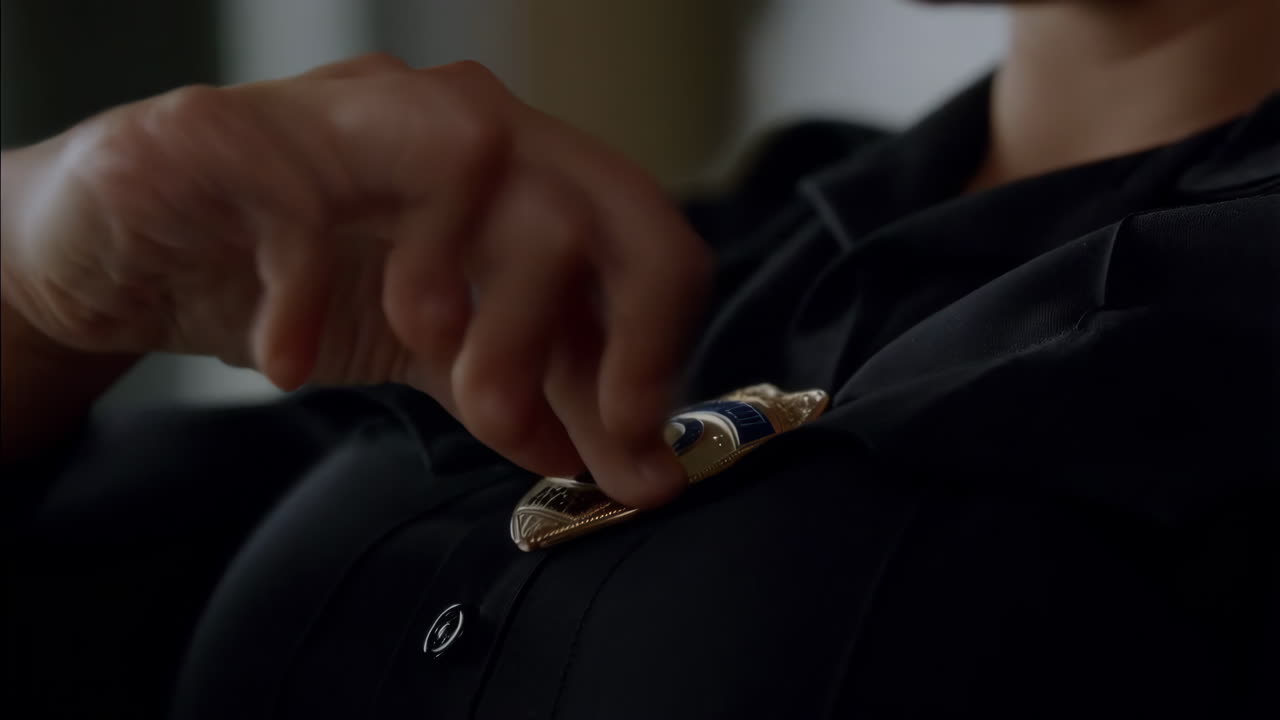 Close-up of a person holding a badge