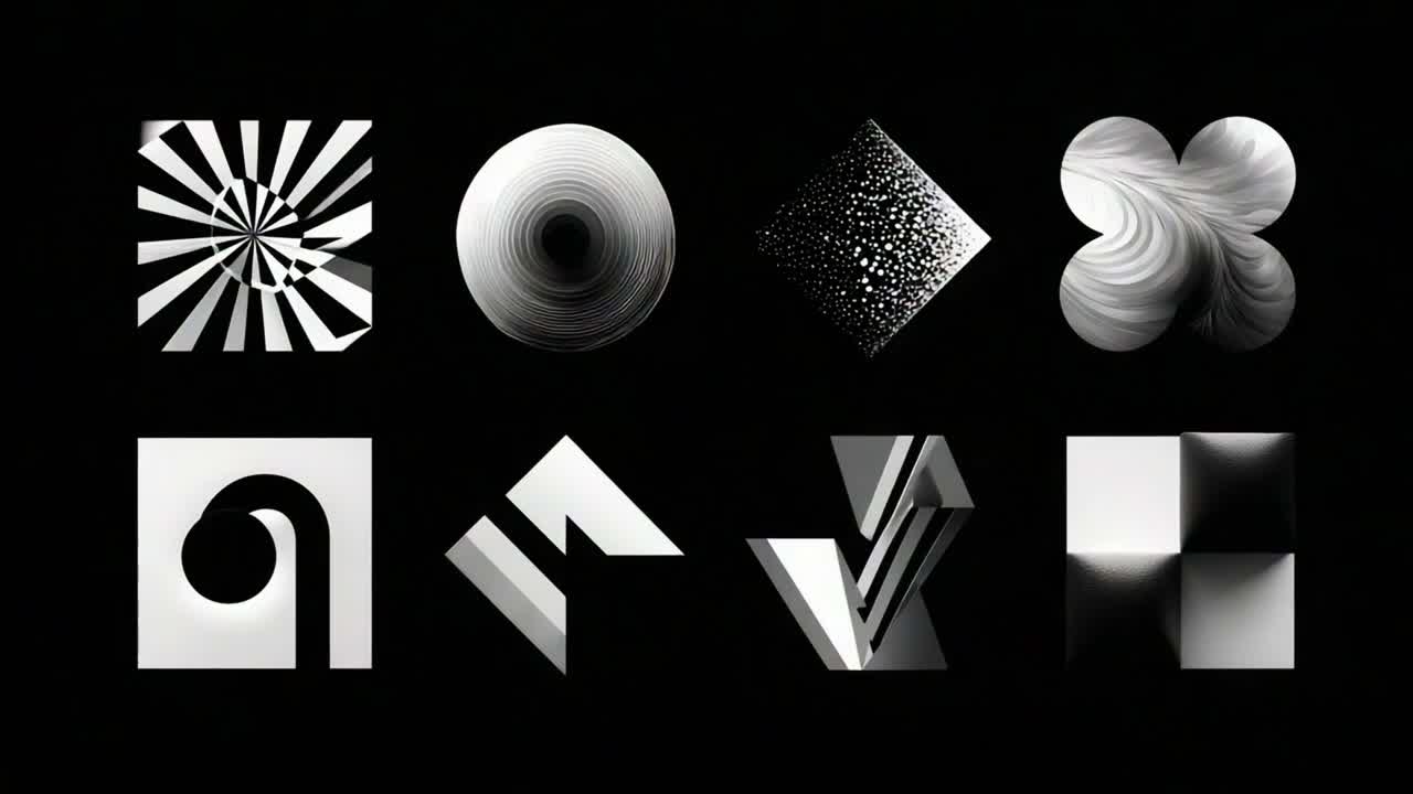 Exploration of Monochromatic Geometric Shapes: An Artistic Journey Through a Series of Dynamic Patterns and Textures in Black and White, Highlighting Contrast and Visual Depth