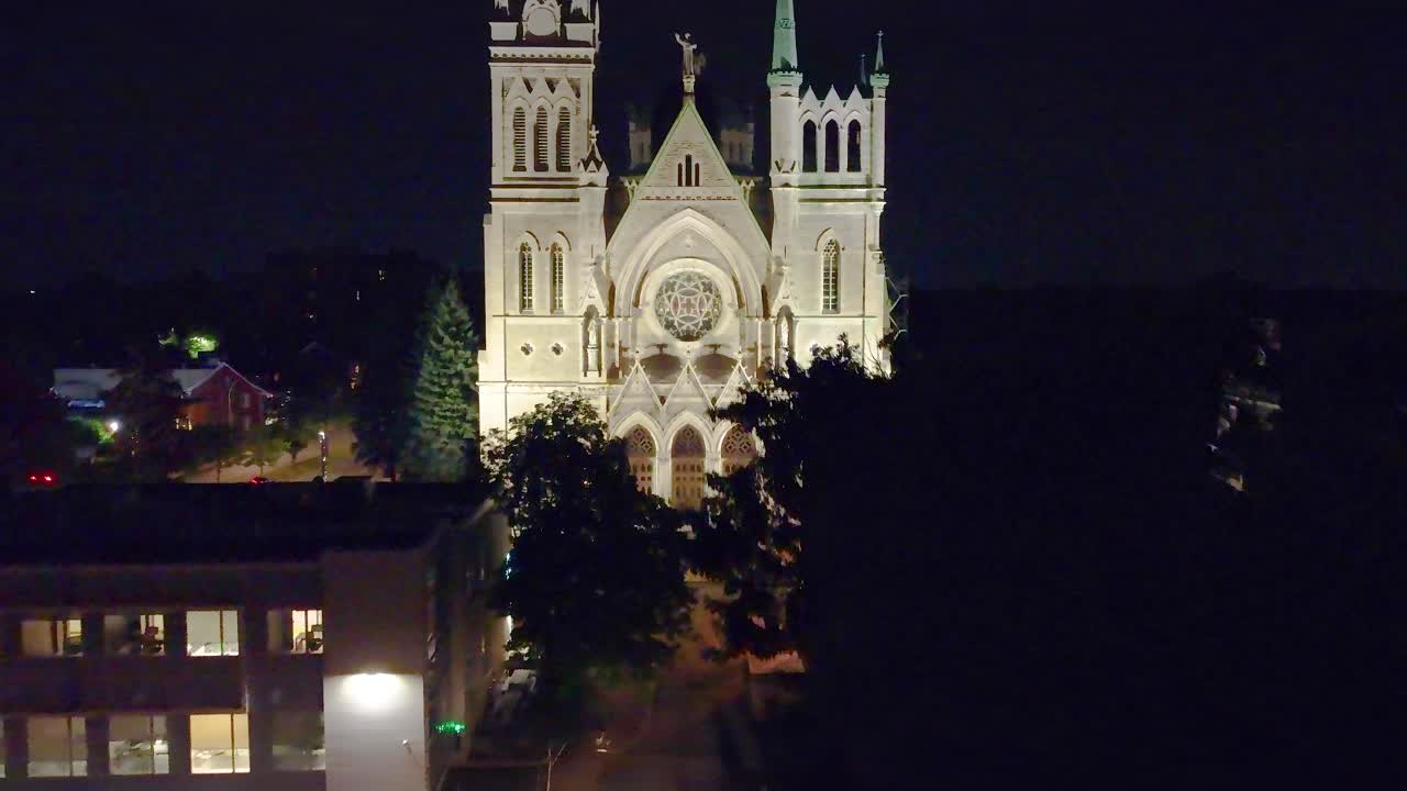 Night aerial view of Longueuil Cathedral in south shore suburbs of Montreal, Canada