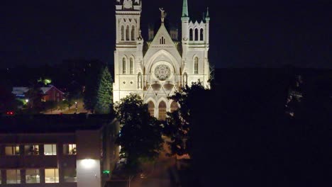 night aerial view of longueuil cathedral in south shore suburbs of montreal, canada