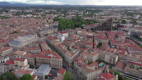 Montpellier-aerial-drone-shot-morning-city-center-Triangle-in-background