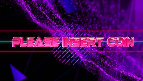 animation of glitch effect over please insert coin text banner against purple digital wave