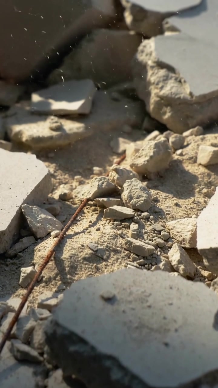 Vertical video: Shifting view showing insect crawling into cracked slab gap in sunlit mud with twig