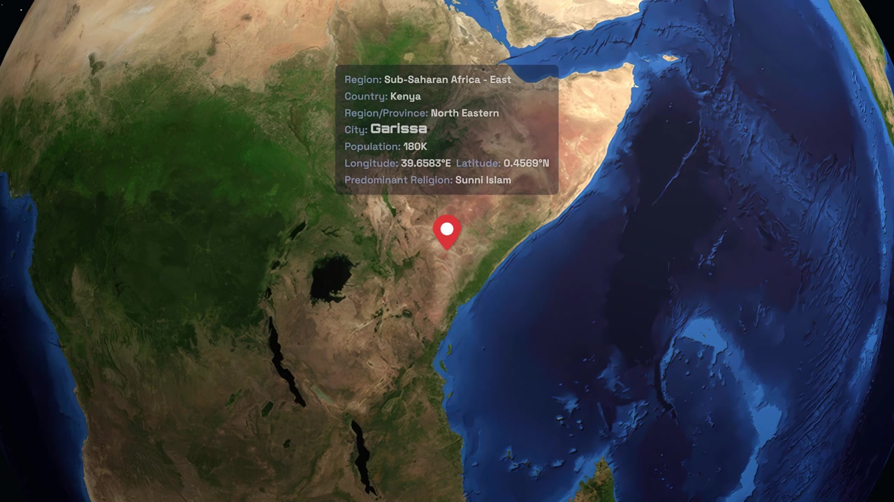 Digital globe rotates and zooms into East Africa pinpointing Garissa Kenya with informational text overlay