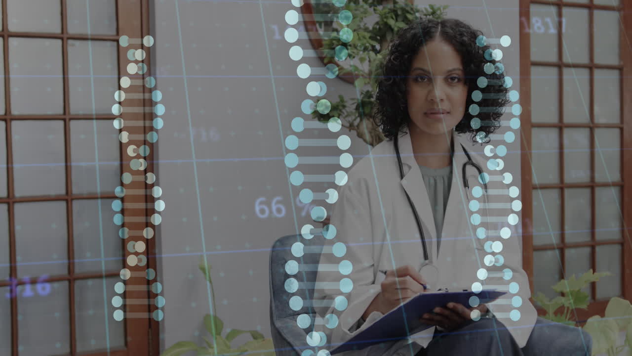 Animation of data processing and dna strands over biracial female doctor writing