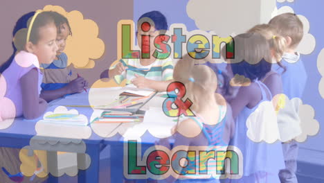 animation of listen and learn text formed with puzzles over school children and clouds