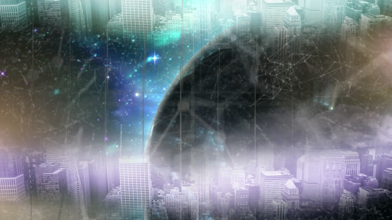 Earth with constellation next to city