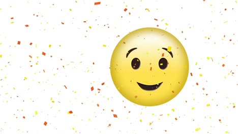 animación de confeti rojo y amarillo cayendo sobre un emoji sonriente y guiñando el ojo sobre un fondo blanco