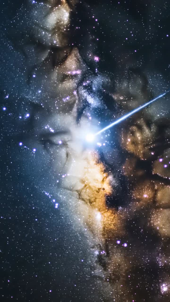 Vertikal video: Lysglimt antænder meteor, der bevæger sig mod venstre gennem Mælkevejens centrum og falmer til en blå hale.