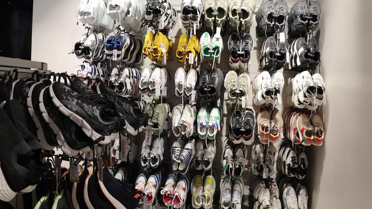 shoe variety for sale at shopping mall shop from flat angle video is taken at Zudio shopping mall jodhpur rajasthan india on July 20 2024.