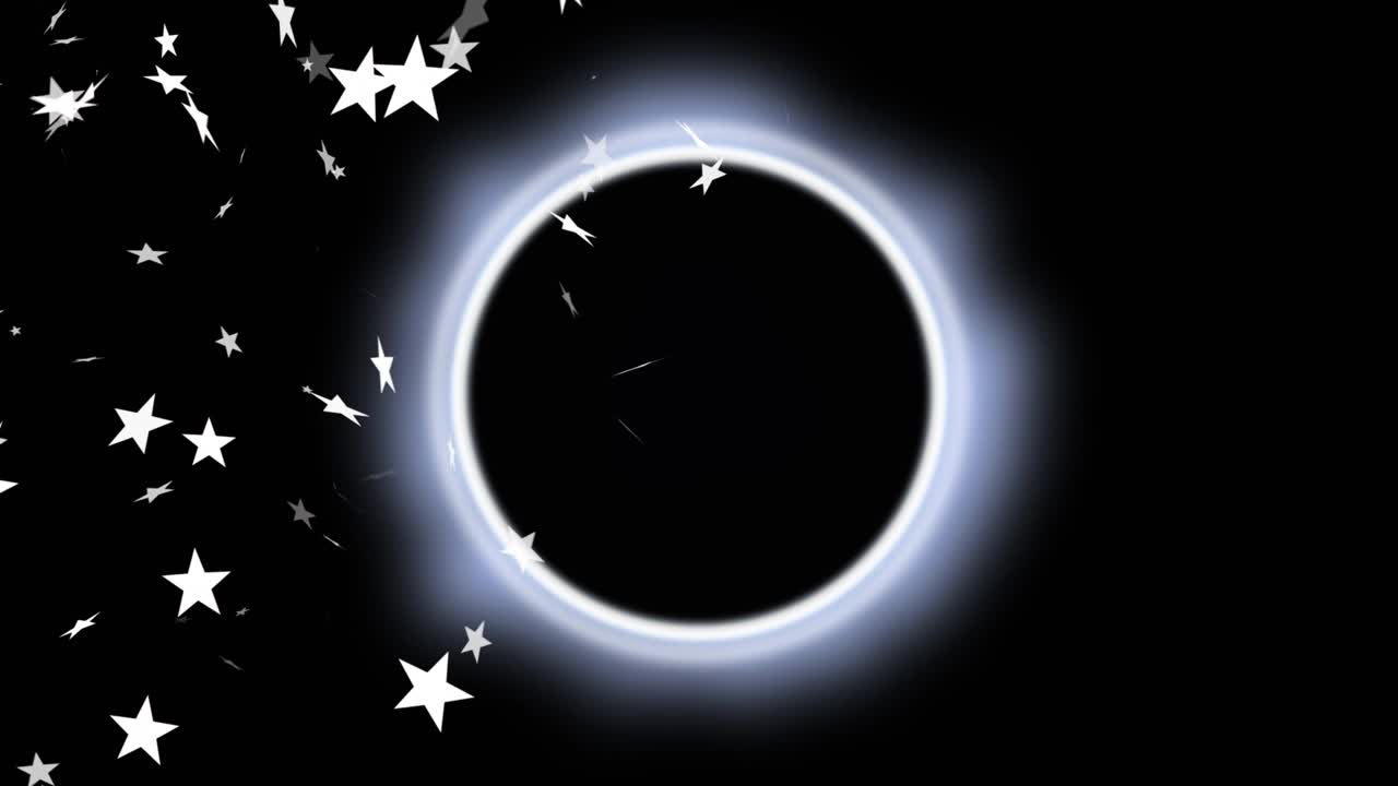 Luminous ring staying centered in black void, white stars flowing from left creating brief clusters