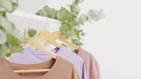 video de primer plano de camisetas de color beige y púrpura colgando sobre un fondo blanco