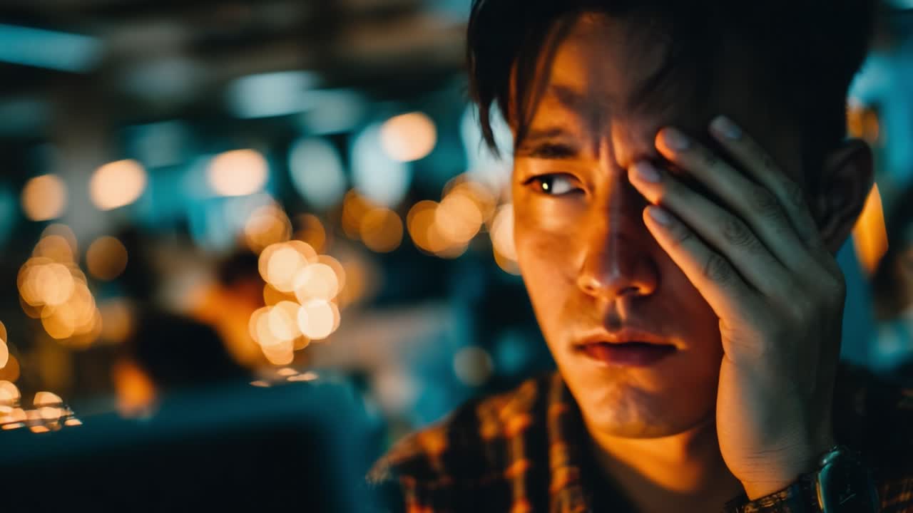 Exploring the Emotional Journey: A Young Man Reflects on His Thoughts Amidst the Buzzing Ambiance of a Busy Workspace Late at Night