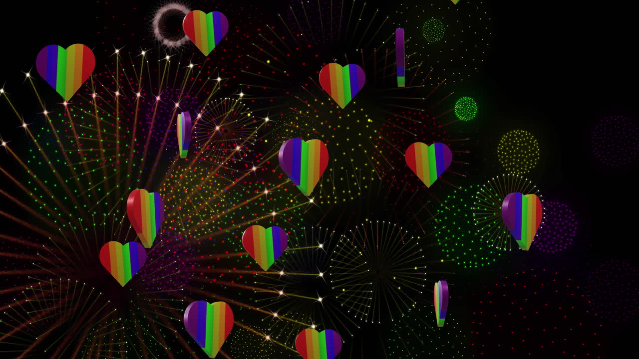 자존심의 애니메이션 무지개 심장과 검은 바탕에 폭발하는 불꽃놀이