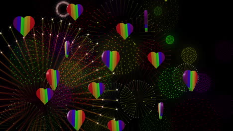 animación de orgullo corazones de arco iris y fuegos artificiales explotando sobre un fondo negro