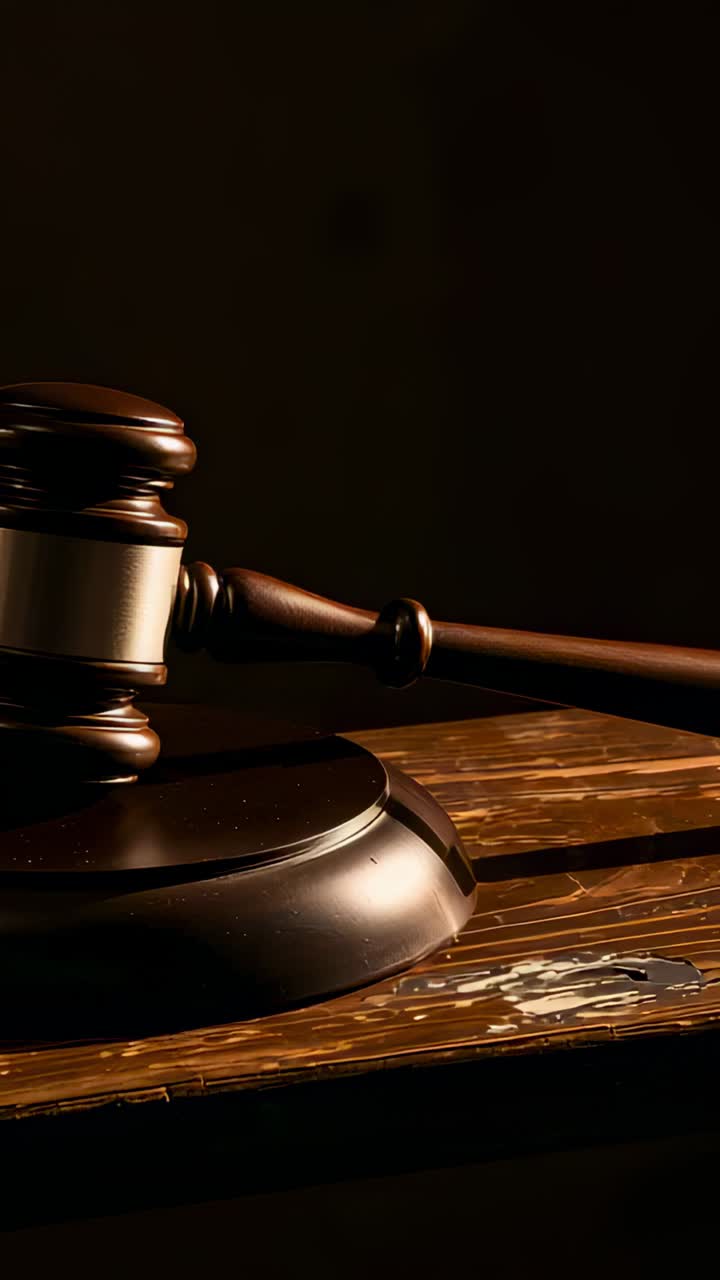 Vertical video: Moving camera zooming in to show judge gavel on worn desk with block and metal band