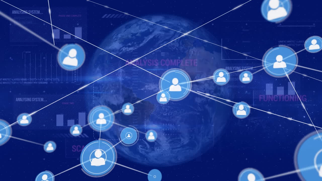 전 세계에 있는 아이콘과 연결된 네트워크의 애니메이션