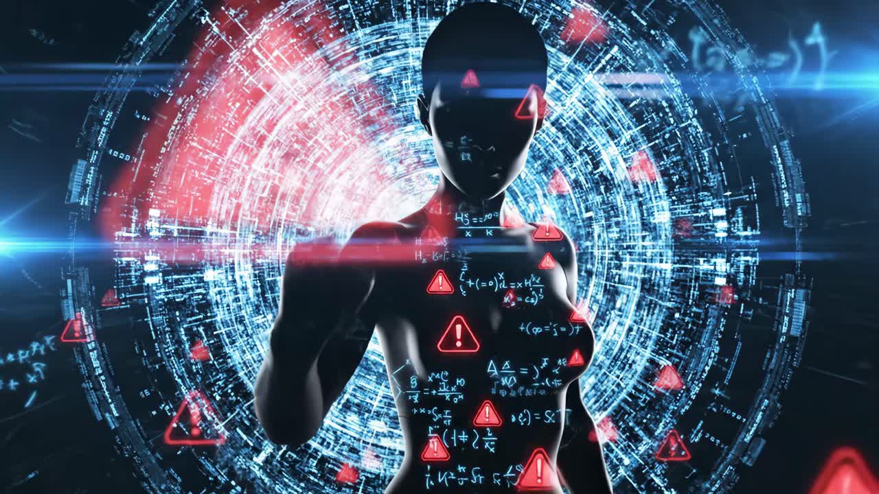 Abstract digital art with mathematical equations and warning signs