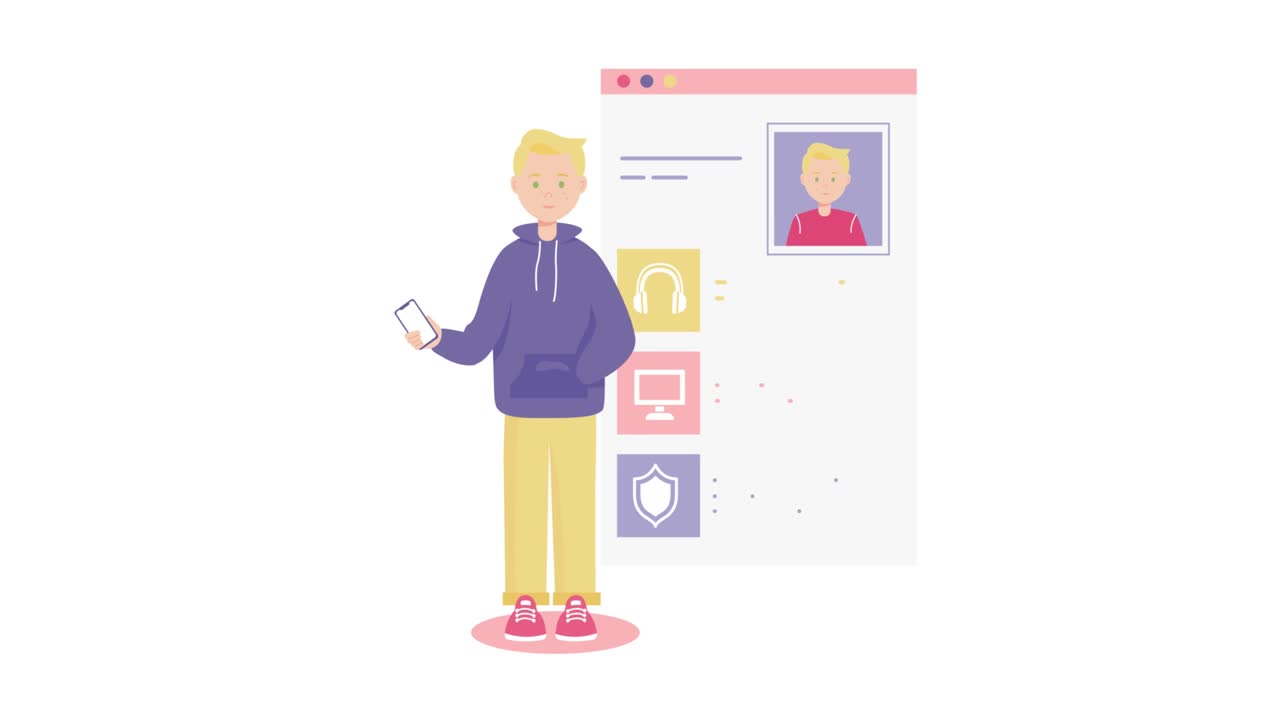 Personal Data Security Vector Illustration. Young Boy Standing With Phone. Personal Preferences and Interest Information Concept.