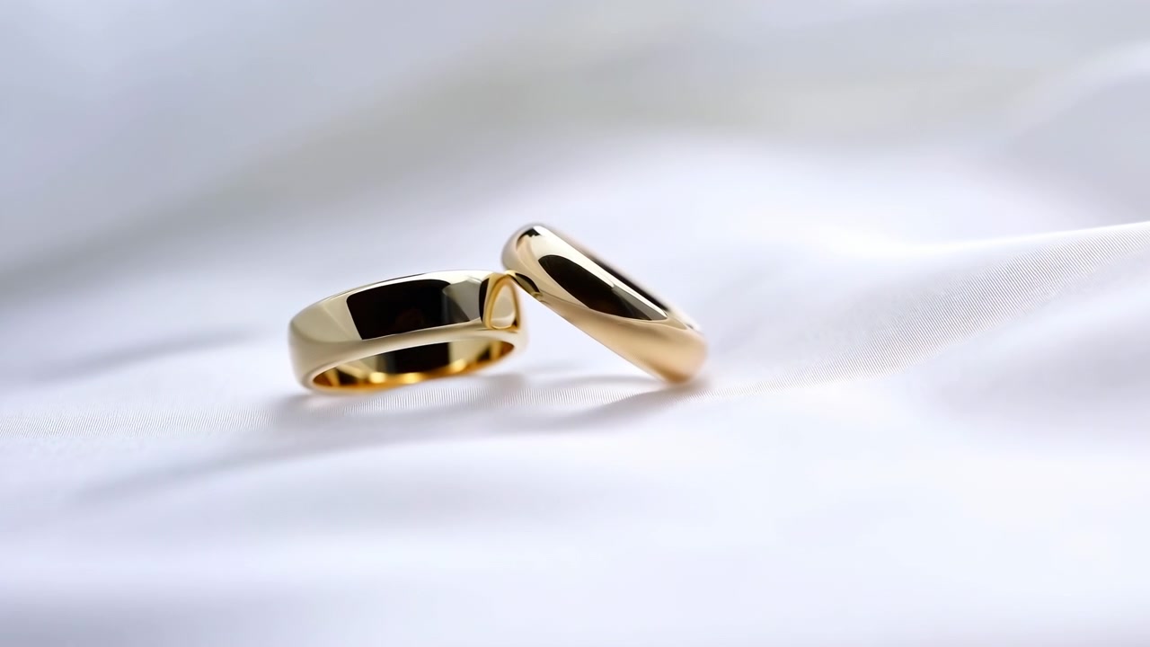 シルクの上に置かれた金の結婚指輪、磨かれたペアの指輪を示すクローズアップ、柔らかな自然光、ミニマルな雰囲気。