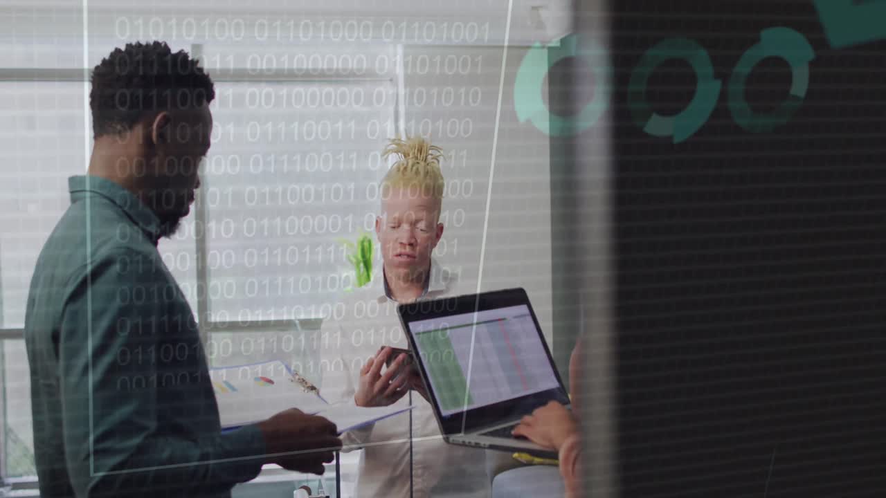 Animation of data processing over diverse business people in office