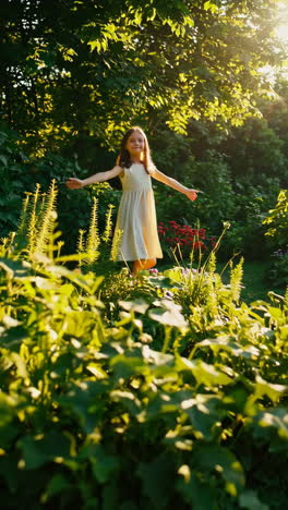 a young girl enjoys a joyful moment in a sunlit garden