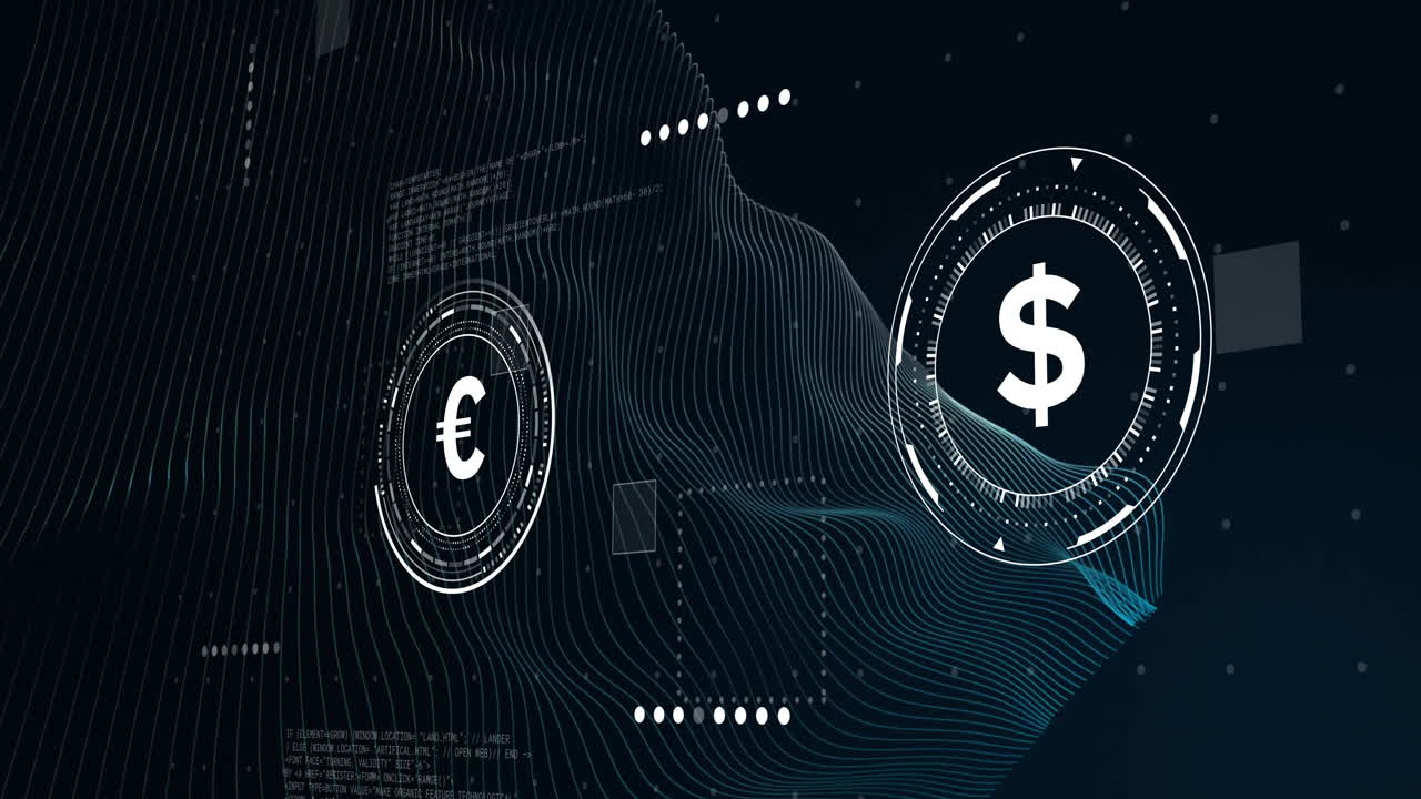 Animation of Euro to dollar exchange on digital wave in finance concept