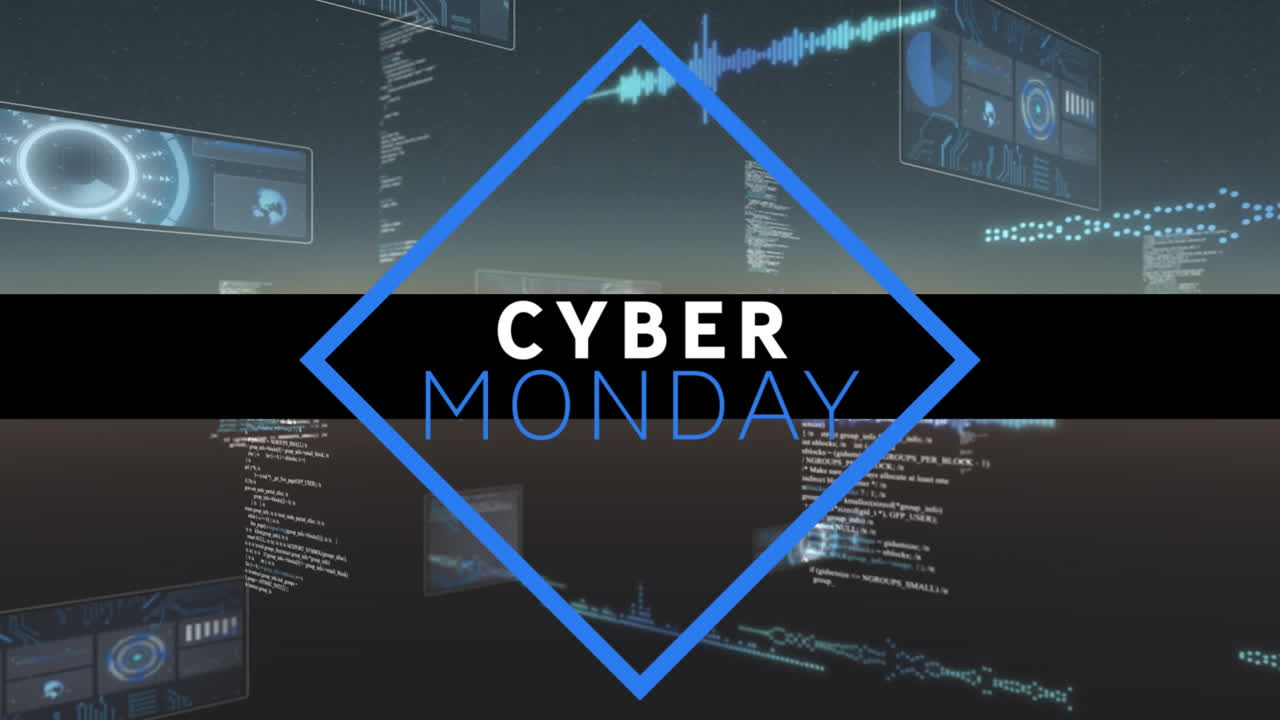 Digital animation of cyber monday text banner against multiple round scanners and data processing