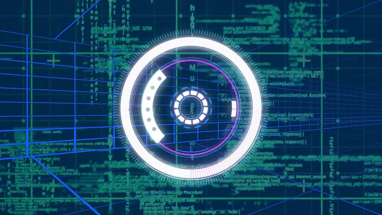 파란색 배경에 대한 원형 스캐너, 터널 및 데이터 처리의 애니메이션