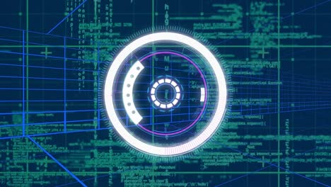 animation of round scanner, tunnel in seamless pattern and data processing against blue background