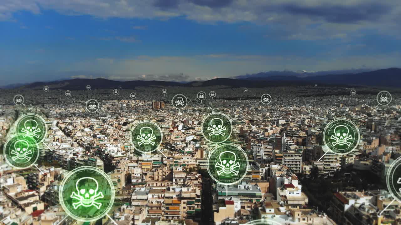 공중 도시 경관, 감염된 지역을 표시하는 팝업 표시, 바이러스 확산